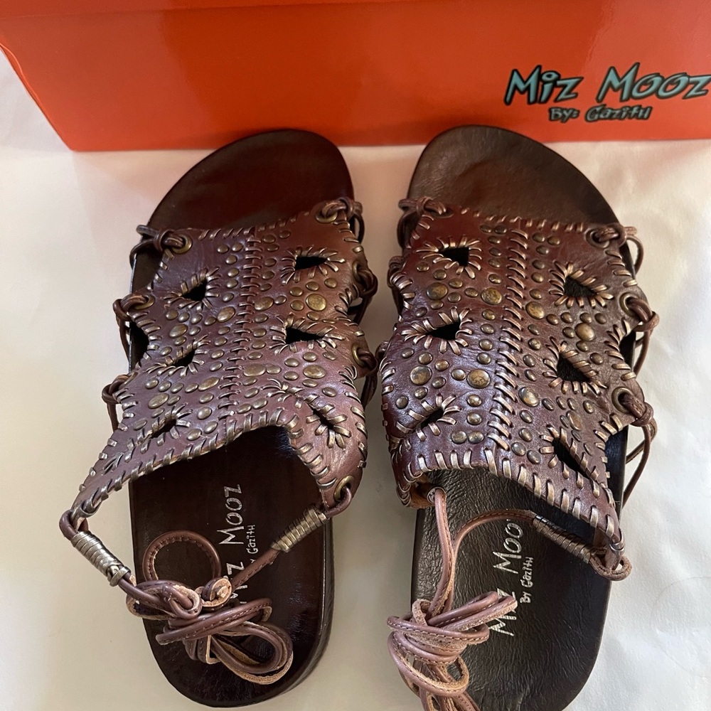 Miz Mooz Brown Studded Cutout Leather Sandals with Lacing - Picture 3 of 8